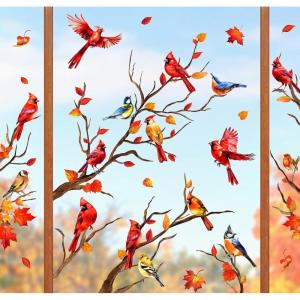Whaline 6 Sheets Fall Maple Leaves Window Clings Thanksgiving Watercolor Maple Tree Orange-Brown Leaves Pumpkins Decals Double-Sided Glass Window Stickers for Autumn Harvest Home School Party Supplies(Fall Red Bird)