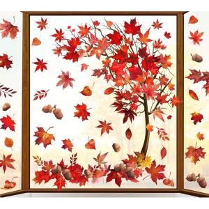 Whaline 6 Sheets Fall Maple Leaves Window Clings Thanksgiving Watercolor Maple Tree Orange-Brown Leaves Pumpkins Decals Double-Sided Glass Window Stickers for Autumn Harvest Home School Party Supplies(Red Maple)