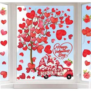 Whaline 6 Sheets Fall Maple Leaves Window Clings Thanksgiving Watercolor Maple Tree Orange-Brown Leaves Pumpkins Decals Double-Sided Glass Window Stickers for Autumn Harvest Home School Party Supplies(Valentine’s Day)