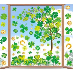 Whaline 6 Sheets Fall Maple Leaves Window Clings Thanksgiving Watercolor Maple Tree Orange-Brown Leaves Pumpkins Decals Double-Sided Glass Window Stickers for Autumn Harvest Home School Party Supplies(St. Patrick’s Day)