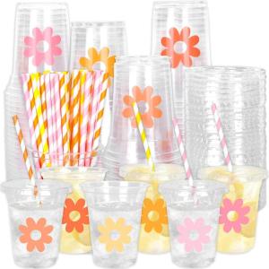 Whaline 60Pcs Halloween Disposable Plastic Cups with Lids and Straws 12oz Jack-O-Lantern Pumpkin Cold Beverage Drinking Cups Scary Printed Party Cup for Trick or Treat Party Supplies(Boho Daisy)