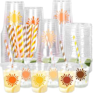 Whaline 60Pcs Halloween Disposable Plastic Cups with Lids and Straws 12oz Jack-O-Lantern Pumpkin Cold Beverage Drinking Cups Scary Printed Party Cup for Trick or Treat Party Supplies(Boho Sun)