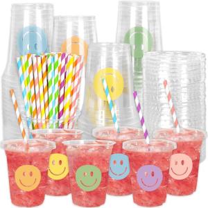 Whaline 60Pcs Halloween Disposable Plastic Cups with Lids and Straws 12oz Jack-O-Lantern Pumpkin Cold Beverage Drinking Cups Scary Printed Party Cup for Trick or Treat Party Supplies(Boho Smile)