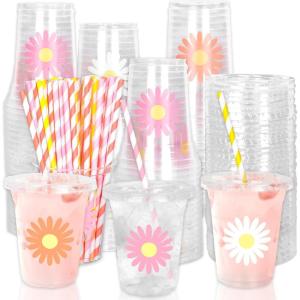 Whaline 60Pcs Halloween Disposable Plastic Cups with Lids and Straws 12oz Jack-O-Lantern Pumpkin Cold Beverage Drinking Cups Scary Printed Party Cup for Trick or Treat Party Supplies(Daisy)