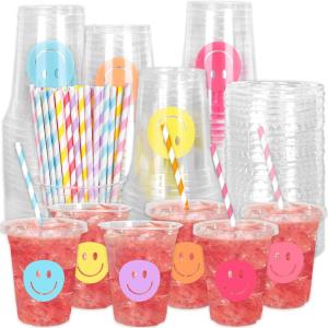 Whaline 60Pcs Halloween Disposable Plastic Cups with Lids and Straws 12oz Jack-O-Lantern Pumpkin Cold Beverage Drinking Cups Scary Printed Party Cup for Trick or Treat Party Supplies(Smile)