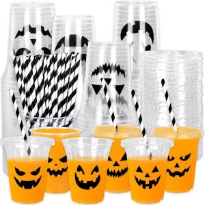 Whaline 60Pcs Halloween Disposable Plastic Cups with Lids and Straws 12oz Jack-O-Lantern Pumpkin Cold Beverage Drinking Cups Scary Printed Party Cup for Trick or Treat Party Supplies(Black Pumpkin Face)