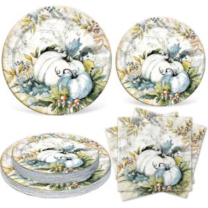Whaline 72Pcs Fall Thanksgiving Plates and Napkins Watercolor Blue Pumpkin Paper Plates and Napkins Sets for Autumn Harvest Thanksgiving Dinner Party Supplies, Serves 24