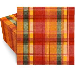 Whaline 80 Pack Fall Paper Napkins 6.5 x 6.5 Inch Buffalo Plaid Prints Paper Napkins Red Orange Green Checkered Disposable Lunch Napkins for Autumn Party Supplies Thanksgiving Evens Table Decoration(6.5 x 6.5 in)