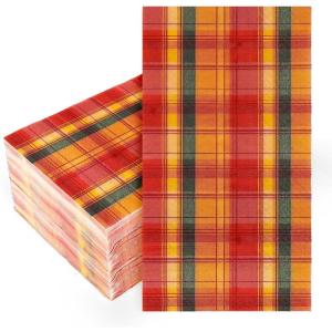 Whaline 80 Pack Fall Paper Napkins 6.5 x 6.5 Inch Buffalo Plaid Prints Paper Napkins Red Orange Green Checkered Disposable Lunch Napkins for Autumn Party Supplies Thanksgiving Evens Table Decoration(4.3 x 7.9 in)