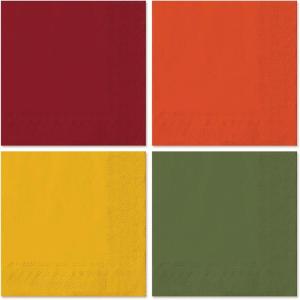 Whaline 80 Pack Thanksgiving Fall Paper Napkins 6.5 x 6.5 Inch Autumn Color Disposable Dinner Napkins Red Orange Yellow Green Luncheon Napkins Fall Harvest Party Supplies for Home Kitchen Restaurant(red  orange  yellow  green)