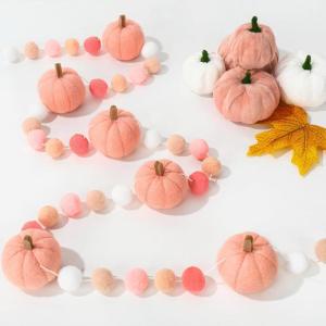 Whaline 8.2Ft Fall Felt Pom Pom Banner Pink 3D Pumpkin Shape Felt Hanging Garland Colorful Pom Ball Pre-Assembled Bunting Banner for Autumn Thanksgiving Home Mantel Wall Window Decor Party Supplies(Pink)