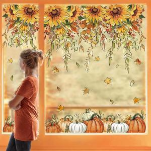 Whaline 9 Sheets Fall Sunflower Window Clings Hanging Flower Vine Pumpkin Window Stickers Autumn Floral Static Reusable Window Decals for Harvest Party Home Office Decor(7.9 x 11.8 inch)