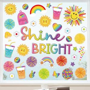 Whaline 9 Sheets Happy Fall Thanksgiving Window Clings Autumn Cute Cartoon Window Stickers Static Reusable Glass Decals for Harvest Party Home Classroom Office Decor Supplies(Sun)