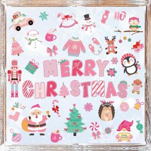 Whaline 9 Sheets Happy Fall Thanksgiving Window Clings Autumn Cute Cartoon Window Stickers Static Reusable Glass Decals for Harvest Party Home Classroom Office Decor Supplies(Pink Christmas)