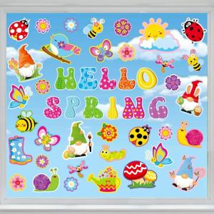 Whaline 9 Sheets Happy Fall Thanksgiving Window Clings Autumn Cute Cartoon Window Stickers Static Reusable Glass Decals for Harvest Party Home Classroom Office Decor Supplies(Spring)