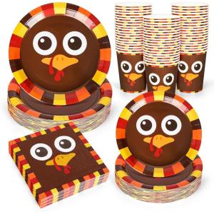 Whaline 96Pcs Thanksgiving Turkey Tableware Set Funny Turkey Face Disposable Party Supplies Fall Paper Plates Napkins and Cups for 24 Guests Autumn Harvest Table Decor