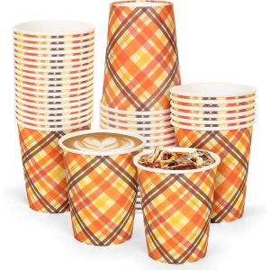Whaline Fall Thanksgiving Paper Cups Autumn Disposable Cups Orange Red Green Buffalo Plaid Checkered Party Cup for Juice Coffee Hot Cold Drink Thanksgiving Party Supplies Table Decor, 9oz 50Pcs(Plaid Style 2)