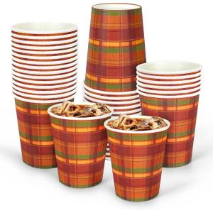 Whaline Fall Thanksgiving Paper Cups Autumn Disposable Cups Orange Red Green Buffalo Plaid Checkered Party Cup for Juice Coffee Hot Cold Drink Thanksgiving Party Supplies Table Decor, 9oz 50Pcs(Plaid Style 1)