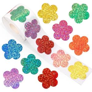 Whaline Fall Thanksgiving Pumpkin Stickers Roll Glitter Pumpkin Paper Decal 3 Color Sparkly Autumn Self-Adhesive Decorative Stickers for Envelope Journal Decor Party Supplies, 500Pcs(Flower)