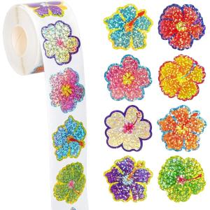 Whaline Fall Thanksgiving Pumpkin Stickers Roll Glitter Pumpkin Paper Decal 3 Color Sparkly Autumn Self-Adhesive Decorative Stickers for Envelope Journal Decor Party Supplies, 500Pcs(Hibiscus)