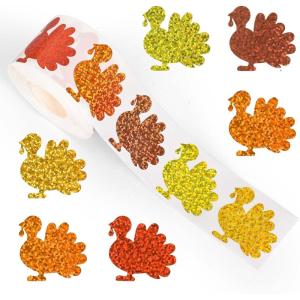 Whaline Fall Thanksgiving Pumpkin Stickers Roll Glitter Pumpkin Paper Decal 3 Color Sparkly Autumn Self-Adhesive Decorative Stickers for Envelope Journal Decor Party Supplies, 500Pcs(Turkey)