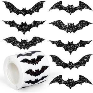 Whaline Halloween Bats Stickers Roll Laser Black Bats Shape Waterproof Decals 5 Designs Sparkly Self-Adhesive Stickers for Halloween Party Envelope Scrapbook Decor, 500Pcs