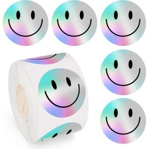 Whaline Halloween Ghost Stickers Roll Bulk Laser Cute Boo Ghost Holographic Waterproof Self-Adhesive Sticker Decals for Envelope Journal Decor Party Supplies, 500Pcs(Smile Face)