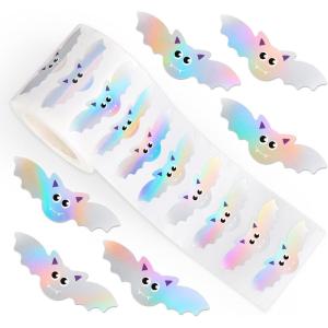 Whaline Halloween Ghost Stickers Roll Bulk Laser Cute Boo Ghost Holographic Waterproof Self-Adhesive Sticker Decals for Envelope Journal Decor Party Supplies, 500Pcs(Bat)