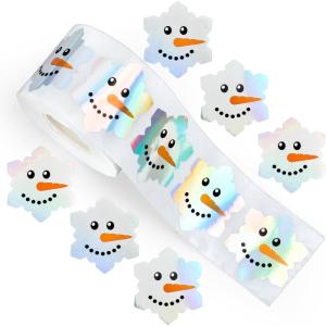 Whaline Halloween Ghost Stickers Roll Bulk Laser Cute Boo Ghost Holographic Waterproof Self-Adhesive Sticker Decals for Envelope Journal Decor Party Supplies, 500Pcs(Snowman Face)