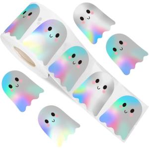 Whaline Halloween Ghost Stickers Roll Bulk Laser Cute Boo Ghost Holographic Waterproof Self-Adhesive Sticker Decals for Envelope Journal Decor Party Supplies, 500Pcs(Ghost)