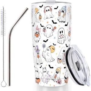 Whaline Halloween Ghost Tumbler Stainless Steel Travel Tumbler with Lid Straw and Brush Spooky Coffee Mug Cup for Women Travel Birthday Horror Gift(Cute Ghost)