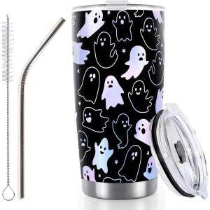 Whaline Halloween Ghost Tumbler Stainless Steel Travel Tumbler with Lid Straw and Brush Spooky Coffee Mug Cup for Women Travel Birthday Horror Gift(Ghost)