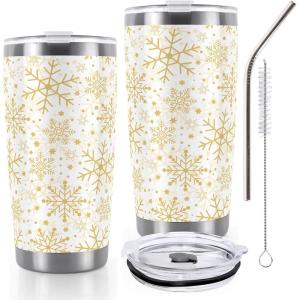 Whaline Halloween Ghost Tumbler Stainless Steel Travel Tumbler with Lid Straw and Brush Spooky Coffee Mug Cup for Women Travel Birthday Horror Gift(Gold Snowflake)