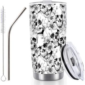 Whaline Halloween Ghost Tumbler Stainless Steel Travel Tumbler with Lid Straw and Brush Spooky Coffee Mug Cup for Women Travel Birthday Horror Gift(Skull)