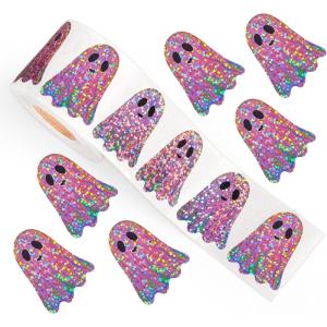 Whaline Halloween Pumpkin Stickers Roll Laser Pumpkin Shape Waterproof Decals Orange Sparkly Self-Adhesive Stickers for Halloween Trick or Treat Party Envelope Scrapbook Decor, 500Pcs(Pink Ghost)