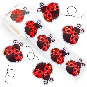 Whaline Halloween Pumpkin Stickers Roll Laser Pumpkin Shape Waterproof Decals Orange Sparkly Self-Adhesive Stickers for Halloween Trick or Treat Party Envelope Scrapbook Decor, 500Pcs(Ladybug)