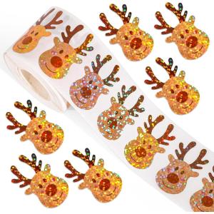 Whaline Halloween Pumpkin Stickers Roll Laser Pumpkin Shape Waterproof Decals Orange Sparkly Self-Adhesive Stickers for Halloween Trick or Treat Party Envelope Scrapbook Decor, 500Pcs(Deer)