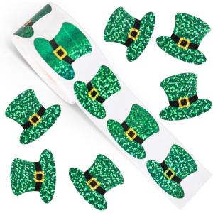 Whaline Halloween Pumpkin Stickers Roll Laser Pumpkin Shape Waterproof Decals Orange Sparkly Self-Adhesive Stickers for Halloween Trick or Treat Party Envelope Scrapbook Decor, 500Pcs(St. Patrick’s Day Hat)