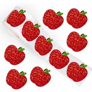 Whaline Halloween Pumpkin Stickers Roll Laser Pumpkin Shape Waterproof Decals Orange Sparkly Self-Adhesive Stickers for Halloween Trick or Treat Party Envelope Scrapbook Decor, 500Pcs(Apple)