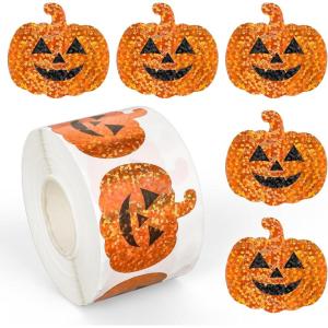 Whaline Halloween Pumpkin Stickers Roll Laser Pumpkin Shape Waterproof Decals Orange Sparkly Self-Adhesive Stickers for Halloween Trick or Treat Party Envelope Scrapbook Decor, 500Pcs(Halloween Pumpkin)