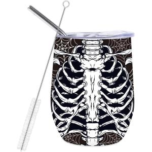 Whaline Halloween Stainless Steel Wine Tumbler with Straw and Lid Skull Spider Web Coffee Mug Black White Insulated Tumbler for Hot and Cold Drinks