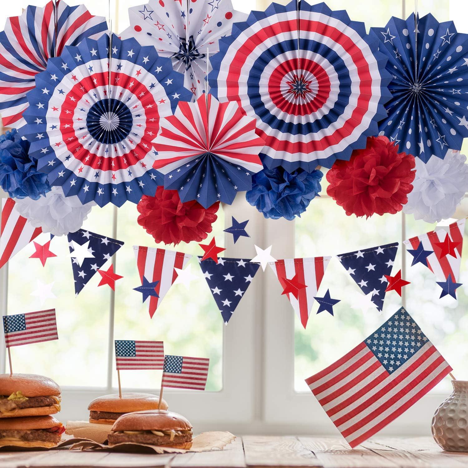 imageWhaline 4th of July Party Decorations Set Patriotic USA Flag Pennant Bunting Red White Blue Paper Fans Star Garland Hanging Streamers Tissue Pom Pom Flowers for Independence Day Decor 14Pcs