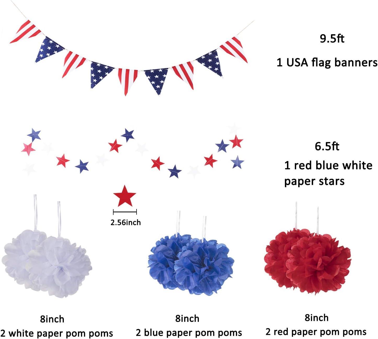 imageWhaline 4th of July Party Decorations Set Patriotic USA Flag Pennant Bunting Red White Blue Paper Fans Star Garland Hanging Streamers Tissue Pom Pom Flowers for Independence Day Decor 14Pcs