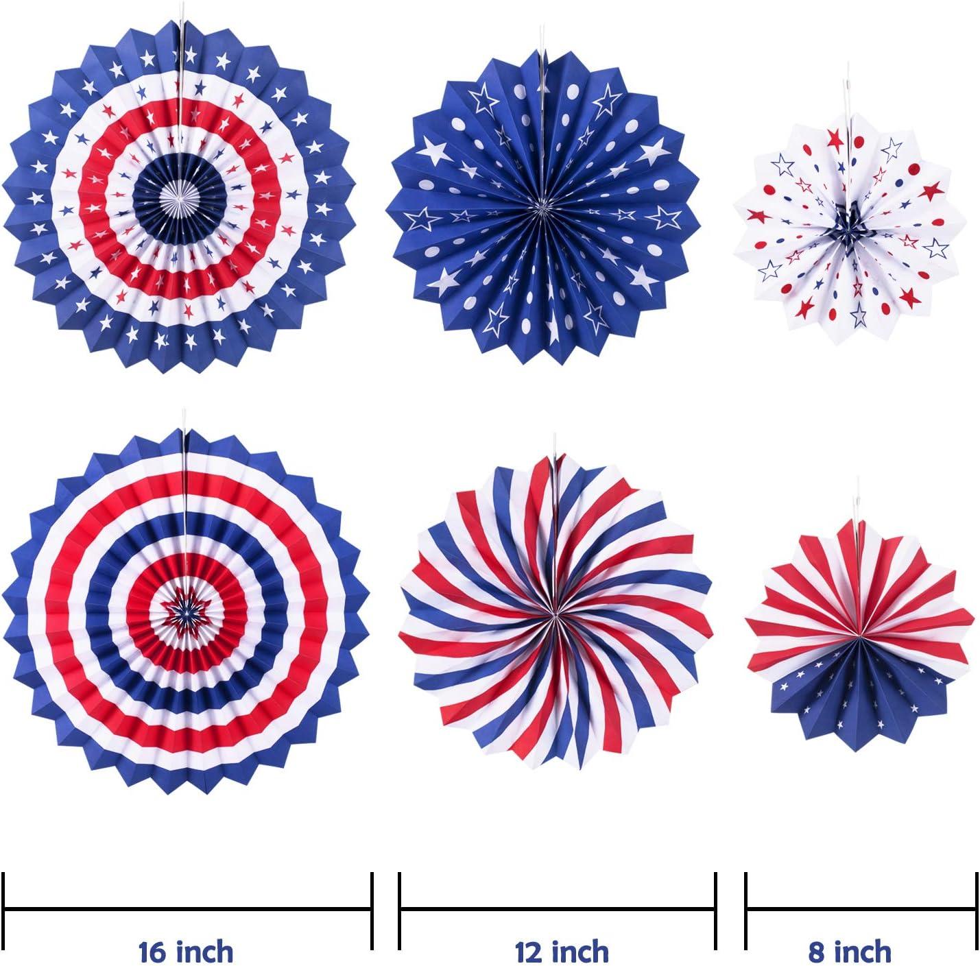 imageWhaline 4th of July Party Decorations Set Patriotic USA Flag Pennant Bunting Red White Blue Paper Fans Star Garland Hanging Streamers Tissue Pom Pom Flowers for Independence Day Decor 14Pcs