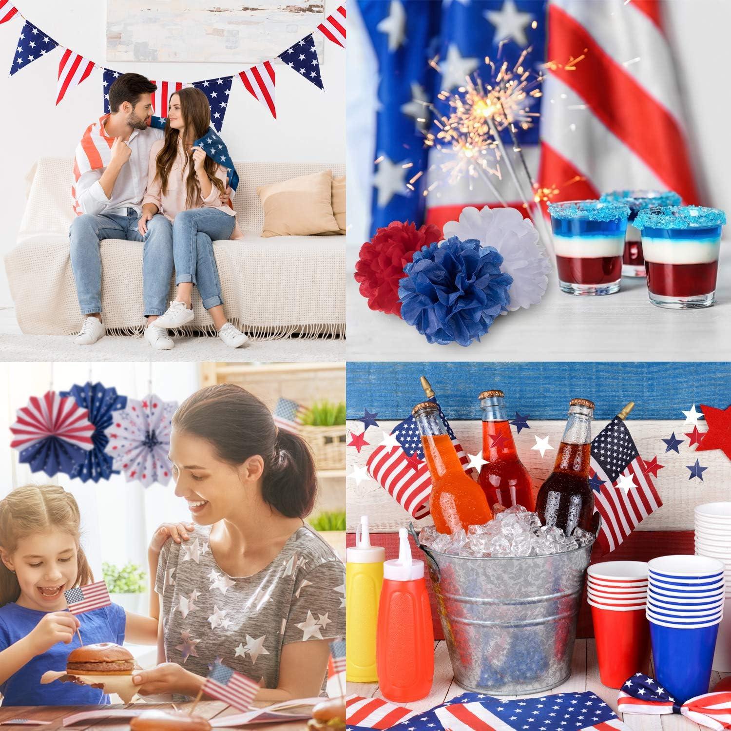 imageWhaline 4th of July Party Decorations Set Patriotic USA Flag Pennant Bunting Red White Blue Paper Fans Star Garland Hanging Streamers Tissue Pom Pom Flowers for Independence Day Decor 14Pcs
