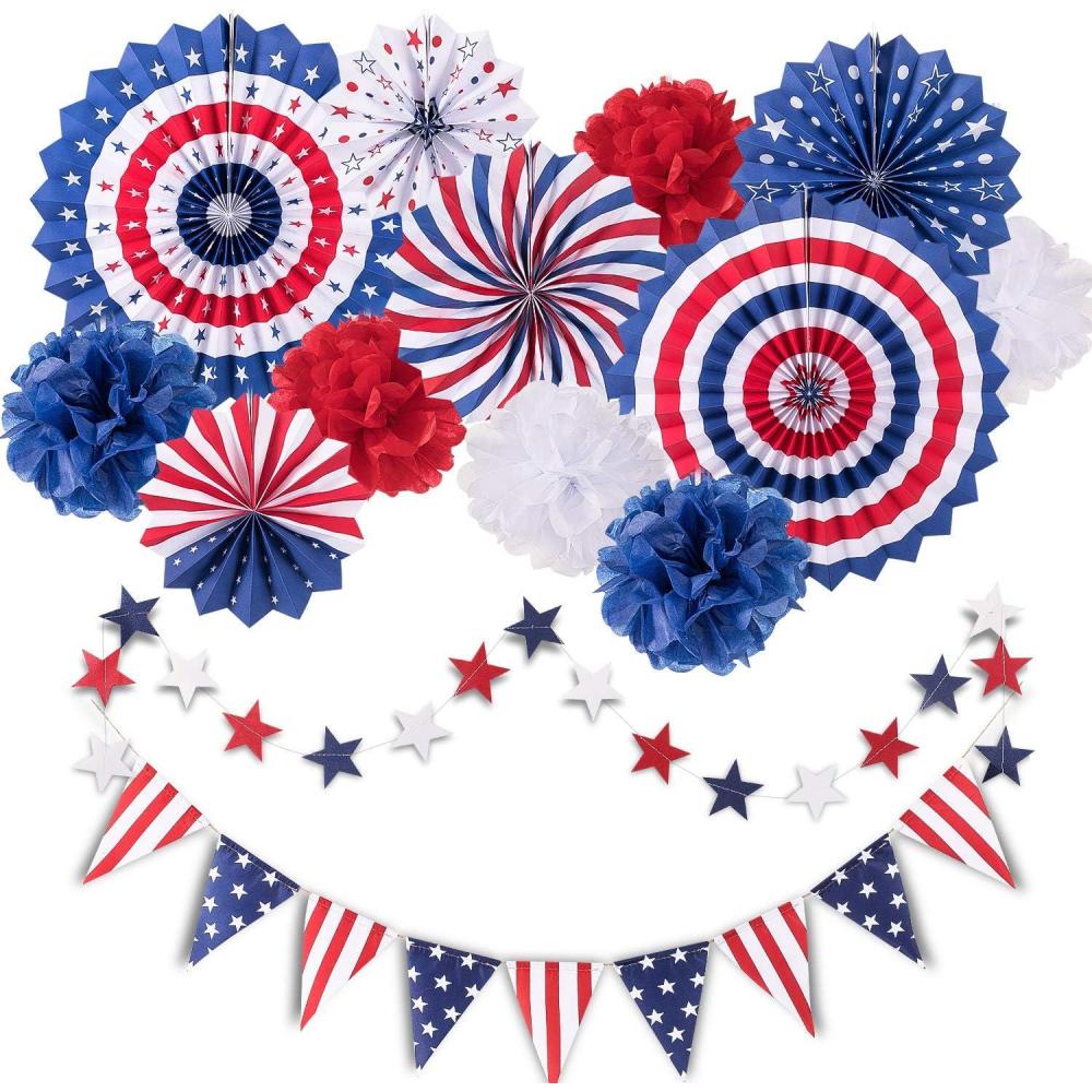 imageWhaline 4th of July Party Decorations Set Patriotic USA Flag Pennant Bunting Red White Blue Paper Fans Star Garland Hanging Streamers Tissue Pom Pom Flowers for Independence Day Decor 14Pcs