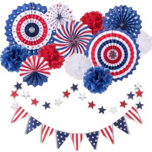 Whaline 4th of July Party Decorations Set, Patriotic USA Flag Pennant Bunting, Red White Blue Paper Fans, Star Garland Hanging Streamers, Tissue Pom Pom Flowers for Independence Day Decor, 14Pcs