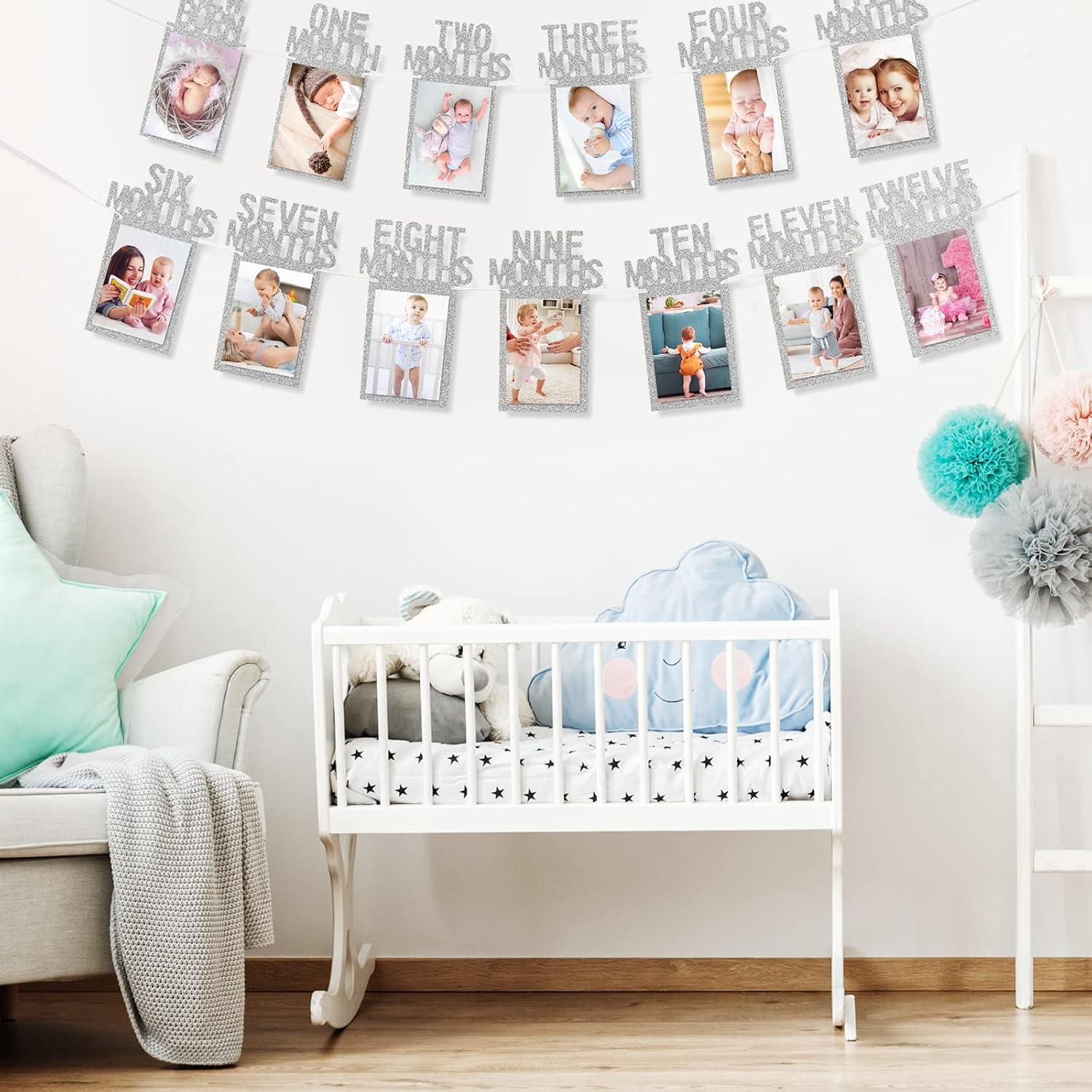 imageWhaline 1st Birthday Baby Photo Banner for Newborn to 12 Months Monthly Milestone Photograph Bunting Garland First Birthday Celebration Decoration Rose GoldSilver