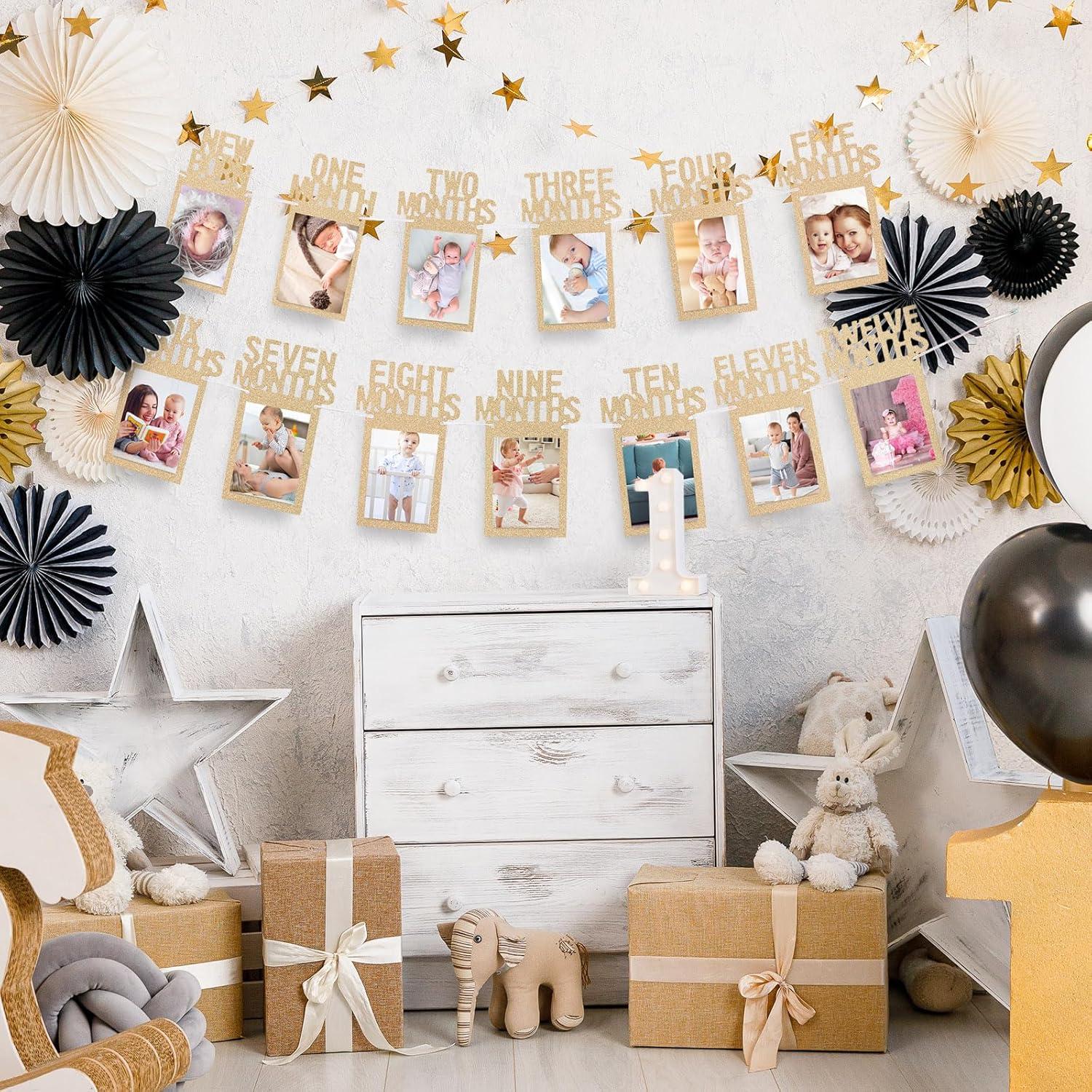 imageWhaline 1st Birthday Baby Photo Banner for Newborn to 12 Months Monthly Milestone Photograph Bunting Garland First Birthday Celebration Decoration Rose GoldChampagne Gold