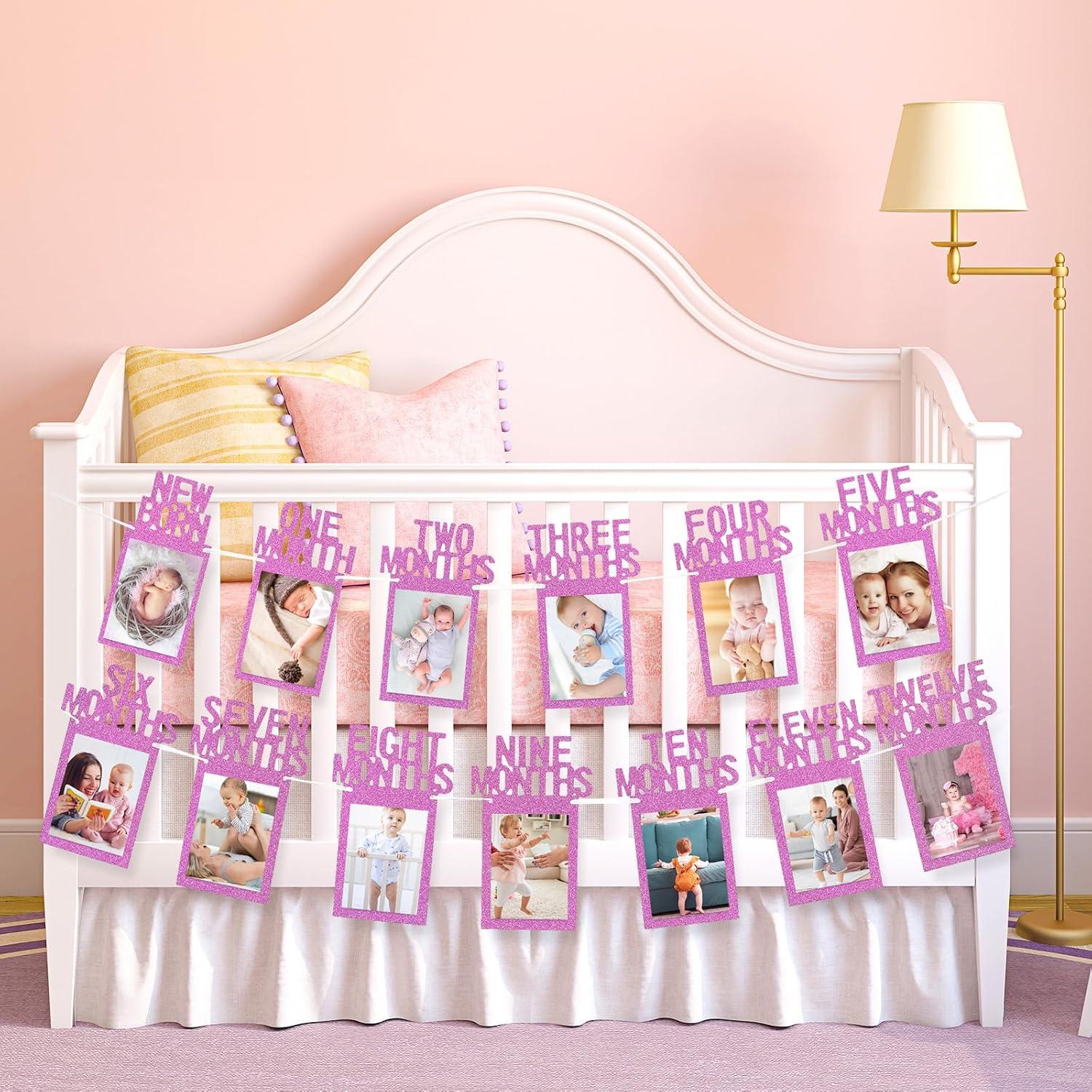 imageWhaline 1st Birthday Baby Photo Banner for Newborn to 12 Months Monthly Milestone Photograph Bunting Garland First Birthday Celebration Decoration Rose GoldHot Pink